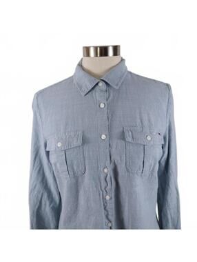 Tommy Hilfiger Womens Cotton Classic Fit Button Up Light Blue Blouse Shirt M